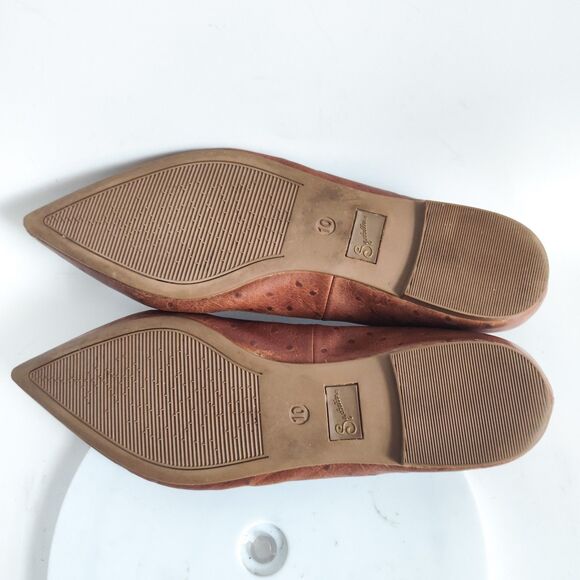 Seychelles Flats Size 10 Leather Pointy Toe Camel Tan Ostrich Embossed Preppy - Picture 9 of 10